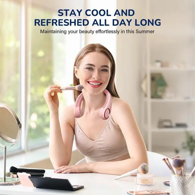 Alt view image 4 of 7 - Neck Fan, USB Rechargeable Personal Fan, 3 Speeds Adjustable, Large air outlet Powerful Strong Wind, Adjustable, 360° Cooling, Super Quiet, No Blade Design, No Hair Twisting, Small (Pink)