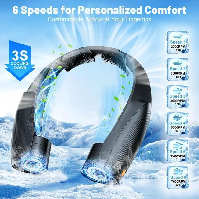 Alt view image 3 of 7 - Portable Neck Fan with 6 Powerful Speeds, 8000mAh Battery Rechargeable Fan | 20H Runtime, Hands-Free 360° Cooling Personal Wearable Neck Fan, Gift for Women Men Travel Concerts