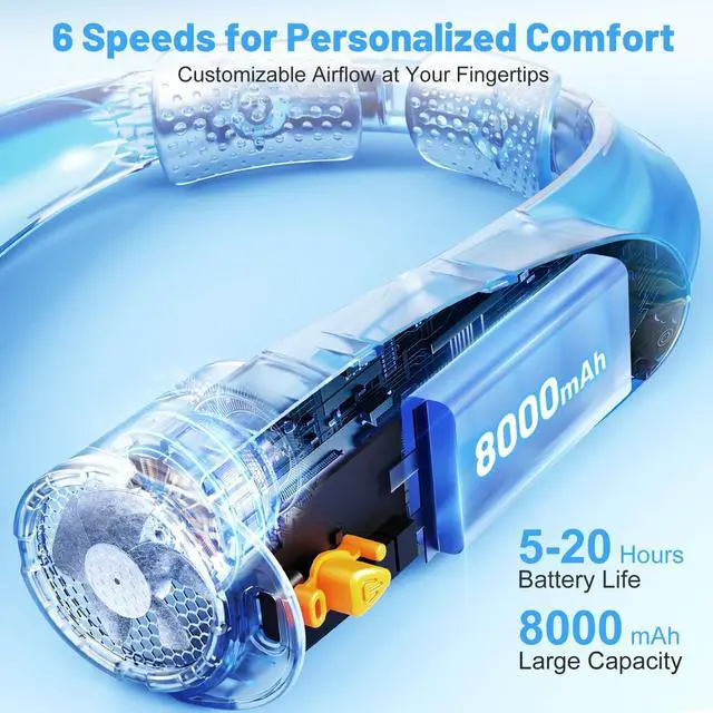 Alt view image 6 of 7 - Portable Neck Fan with 6 Powerful Speeds, 8000mAh Battery Rechargeable Fan | 20H Runtime, Hands-Free 360° Cooling Personal Wearable Neck Fan, Gift for Women Men Travel Concerts