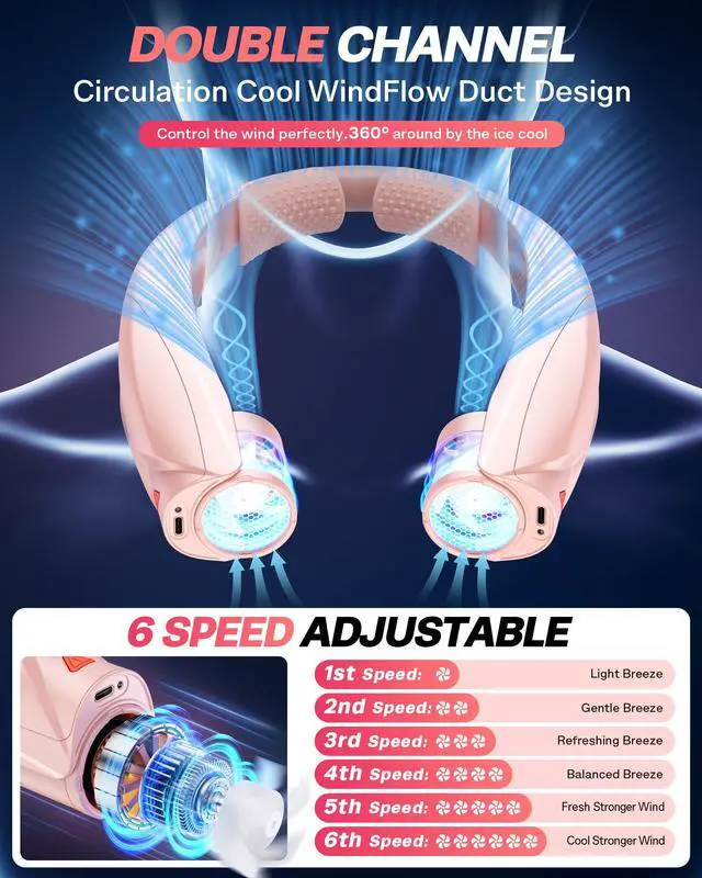 Alt view image 4 of 7 - Hand Free Portable Neck Fan with LED Book Light for Men & Women | Comfortable Silicone Made, 6-20 Hours Long Lasting, 6 Adjustable Speeds, Ultra Quiet Personal Neck Cooler for Indoor Outdoor