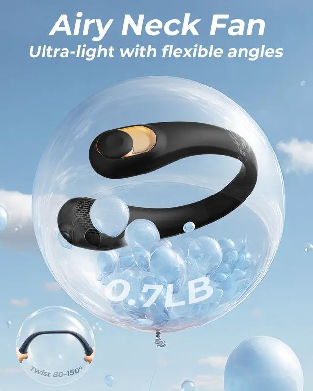 Alt view image 4 of 7 - Neck Fan, Personal Fan with LED Display, USB-C Rechargeable, 4000mAh-Battery, 3-Speed Adjustment & Whisper-Quiet Operation, Perfect for Home, Travel, Sports