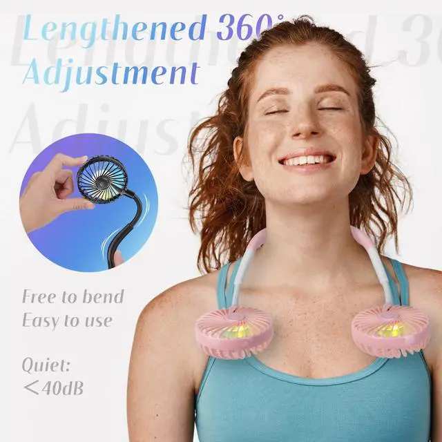Alt view image 2 of 5 - Portable Cooling Neck Fan, Rechargeable USB Personal Neck Fan Pink | with Colorful LED lights, 360° Rotation, Wearable Neck Fan Air Conditioner for Office Travel Sport, 3 Adjustable Speeds