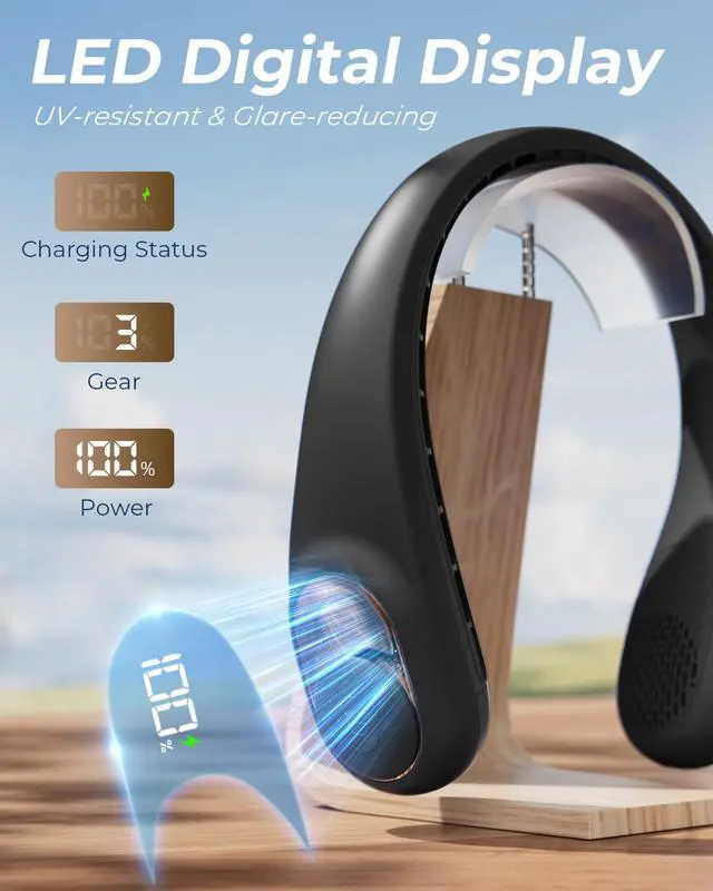 Alt view image 6 of 7 - Neck Fan, Personal Fan with LED Display, USB-C Rechargeable, 4000mAh-Battery, 3-Speed Adjustment & Whisper-Quiet Operation, Perfect for Home, Travel, Sports