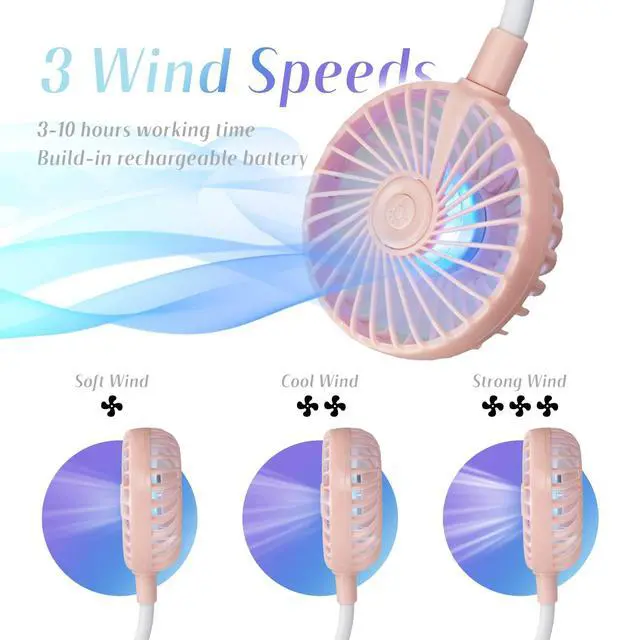 Alt view image 4 of 5 - Portable Cooling Neck Fan, Rechargeable USB Personal Neck Fan Pink | with Colorful LED lights, 360° Rotation, Wearable Neck Fan Air Conditioner for Office Travel Sport, 3 Adjustable Speeds