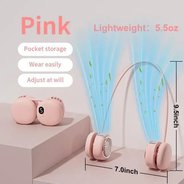 Alt view image 2 of 7 - Portable Pink Neck Fan, Hands Free Wearable Personal Fan with 5 Speeds, Rechargeable Cooling Neck Fans, 360° Flexible Lightweight Small Fan for Girl, Travel, Home, Office, Outdoor