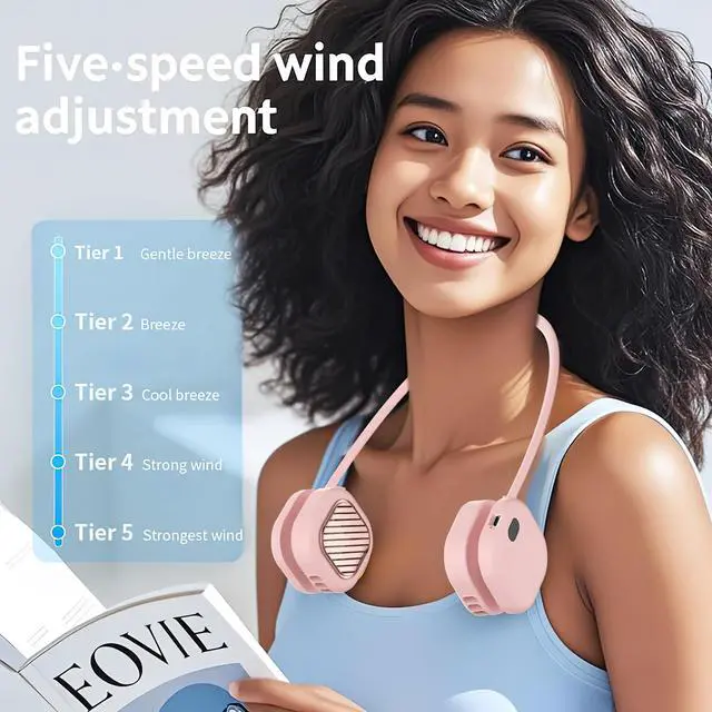 Alt view image 3 of 7 - Portable Pink Neck Fan, Hands Free Wearable Personal Fan with 5 Speeds, Rechargeable Cooling Neck Fans, 360° Flexible Lightweight Small Fan for Girl, Travel, Home, Office, Outdoor
