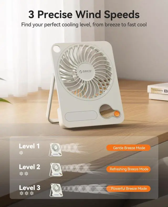 Alt view image 5 of 7 - Portable Desk Travel Fan Rechargeable with 2-In-1 Design, DoFan White | 180° Stand Adjustable, 3 Speed Adjustable, 14H MAX, Digital Display, Easy to Clean, USB-C Rechargeable for Camping, Office