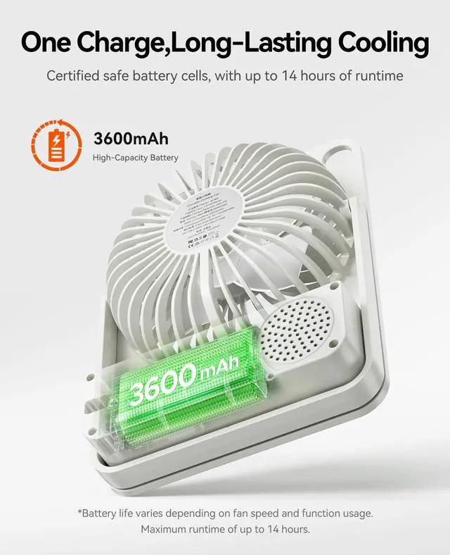 Alt view image 6 of 7 - Portable Desk Travel Fan Rechargeable with 2-In-1 Design, DoFan White | 180° Stand Adjustable, 3 Speed Adjustable, 14H MAX, Digital Display, Easy to Clean, USB-C Rechargeable for Camping, Office