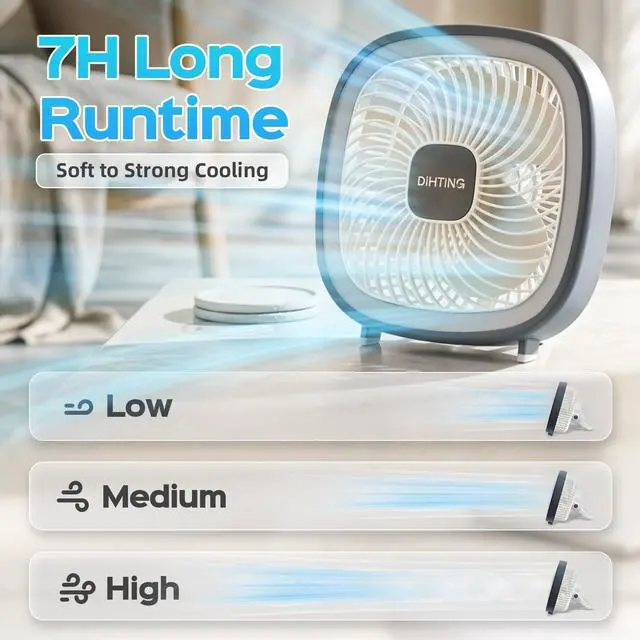 Alt view image 2 of 7 - 8 Inch Desk Fan Rechargeable, Quiet Personal Table Fan with Night Light | Portable USB Fan Personal Fan Cordless For Office Bedroom Sleeping Dorm Travel, 3 Speeds, 180°Tilt Adjustable