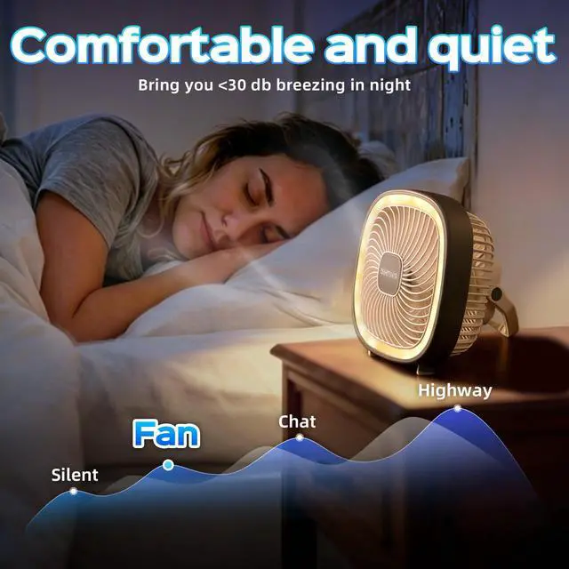 Alt view image 3 of 7 - 8 Inch Desk Fan Rechargeable, Quiet Personal Table Fan with Night Light | Portable USB Fan Personal Fan Cordless For Office Bedroom Sleeping Dorm Travel, 3 Speeds, 180°Tilt Adjustable