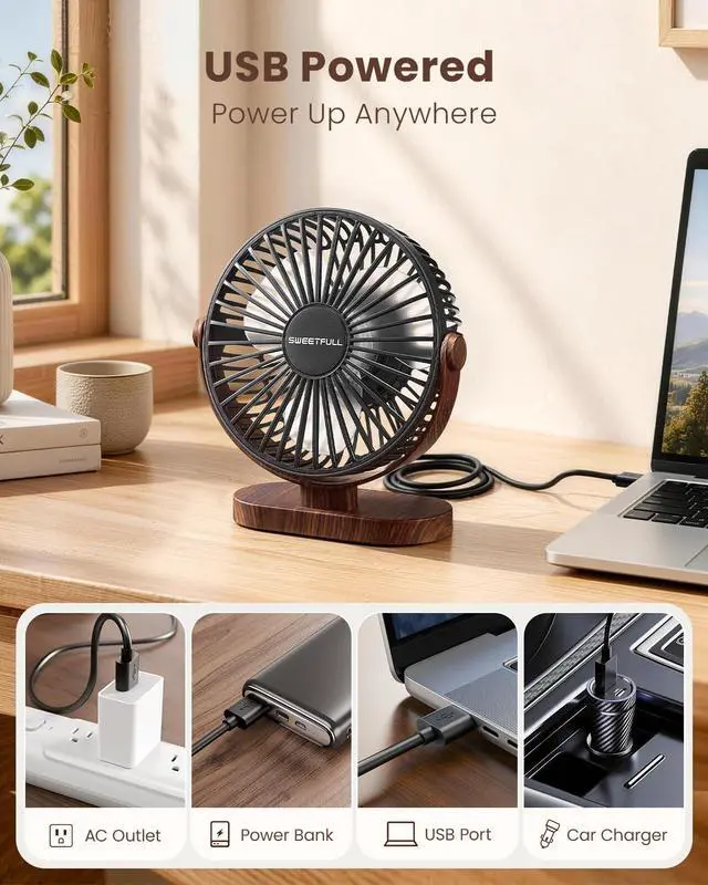 Alt view image 6 of 6 - Small USB Desk Fan, Desktop Table Fan, Quiet Office Mini - Black | 5.8" Personal Fan; 3 Speeds; 360° Adjustable; 25dB; 10oz; USB Powered; Stable Base; Easy Cleaning-Home & Cooling; Retro Decor