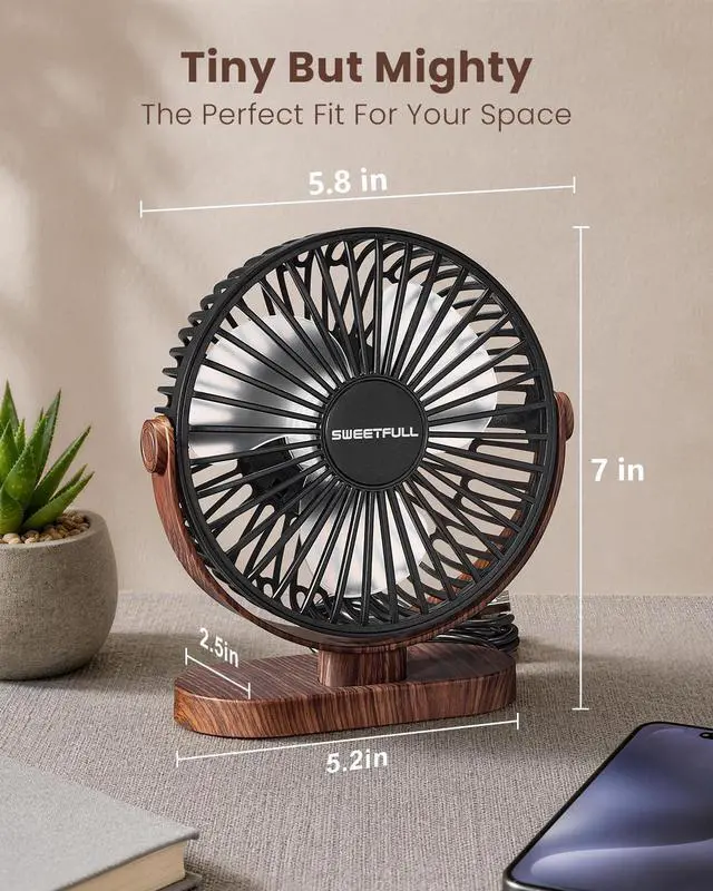 Alt view image 3 of 6 - Small USB Desk Fan, Desktop Table Fan, Quiet Office Mini - Black | 5.8" Personal Fan; 3 Speeds; 360° Adjustable; 25dB; 10oz; USB Powered; Stable Base; Easy Cleaning-Home & Cooling; Retro Decor