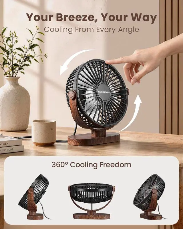Alt view image 5 of 6 - Small USB Desk Fan, Desktop Table Fan, Quiet Office Mini - Black | 5.8" Personal Fan; 3 Speeds; 360° Adjustable; 25dB; 10oz; USB Powered; Stable Base; Easy Cleaning-Home & Cooling; Retro Decor