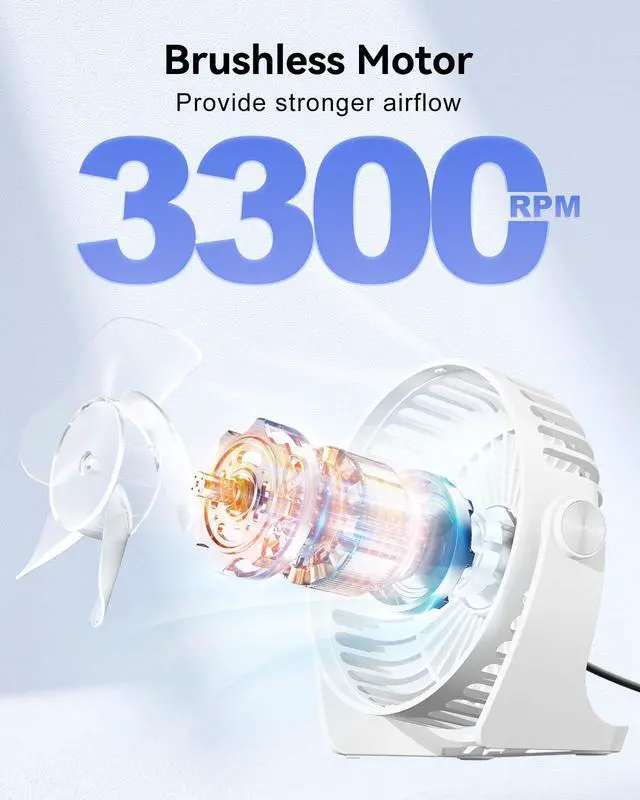 Alt view image 2 of 7 - USB Desk Fan, 5 Inch Small Portable, 3 Speeds Powerful Wind Mini Personal Desktop Fan 360° Rotation Adjustable, Plug In USB Fan Quiet for Table Home Office Travel Car(White)