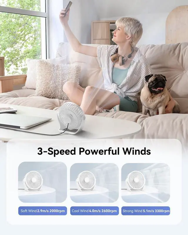 Alt view image 4 of 7 - USB Desk Fan, 5 Inch Small Portable, 3 Speeds Powerful Wind Mini Personal Desktop Fan 360° Rotation Adjustable, Plug In USB Fan Quiet for Table Home Office Travel Car(White)