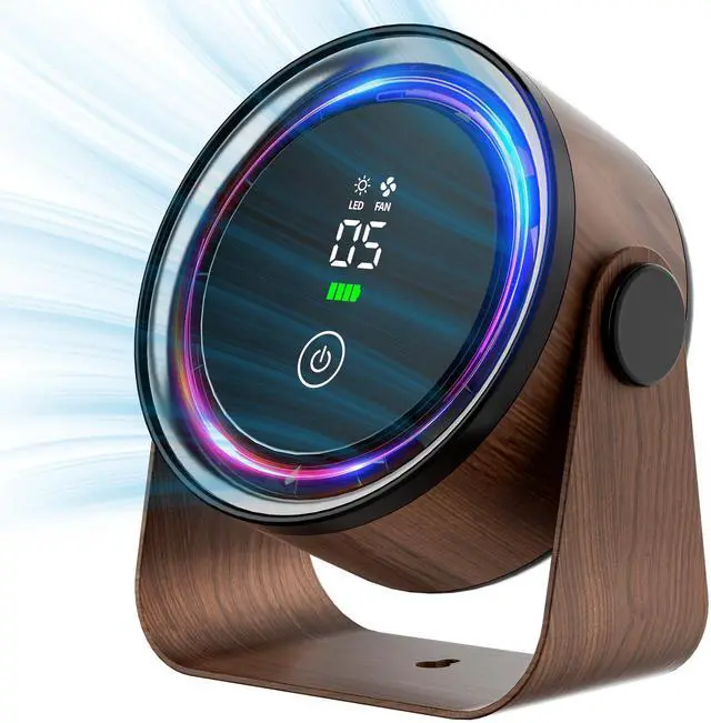 Main image of Small Desk Fan 5000mAh Rechargeable Battery Retro Low Noise Portable Table Fan with 5 Speeds, 360° Rotation, LED Night Light Perfect for Office Bedroom Kitchen Dorm Camping Wall Mountable-Walnut