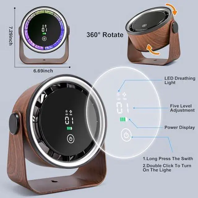Alt view image 5 of 7 - Small Desk Fan 5000mAh Rechargeable Battery Retro Low Noise Portable Table Fan with 5 Speeds, 360° Rotation, LED Night Light Perfect for Office Bedroom Kitchen Dorm Camping Wall Mountable-Walnut