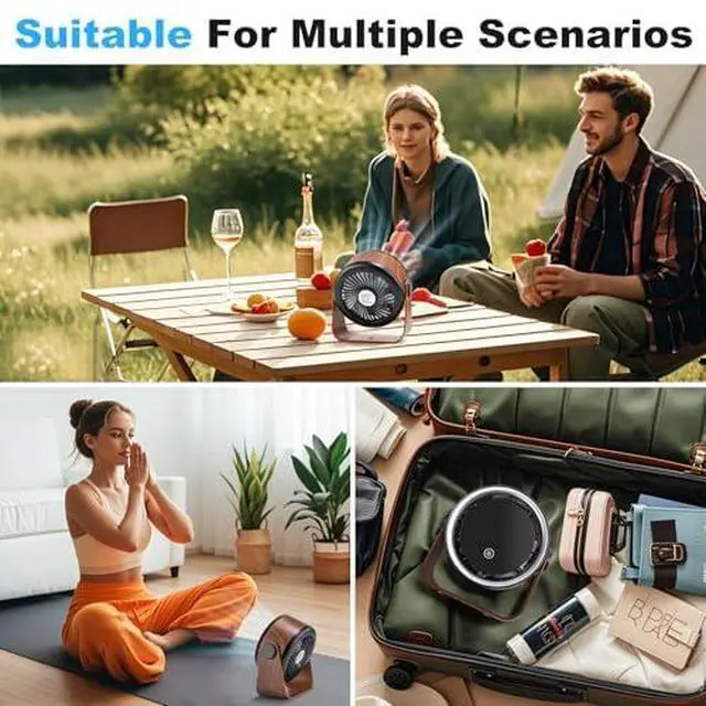 Alt view image 7 of 7 - Small Desk Fan 5000mAh Rechargeable Battery Retro Low Noise Portable Table Fan with 5 Speeds, 360° Rotation, LED Night Light Perfect for Office Bedroom Kitchen Dorm Camping Wall Mountable-Walnut
