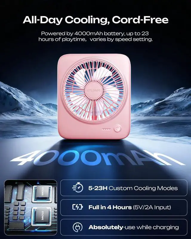 Alt view image 3 of 7 - Personal Portable Desk Fan, 4000mAh Small Rechargeable Portable Fan Battery Operated & USB Powered for Travel Sleeping Bedroom Office Home Table, Cordless, Quiet, 4-Speed, 6.5 Inch (Pink)