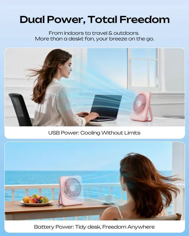 Alt view image 2 of 7 - Personal Portable Desk Fan, 4000mAh Small Rechargeable Portable Fan Battery Operated & USB Powered for Travel Sleeping Bedroom Office Home Table, Cordless, Quiet, 4-Speed, 6.5 Inch (Pink)
