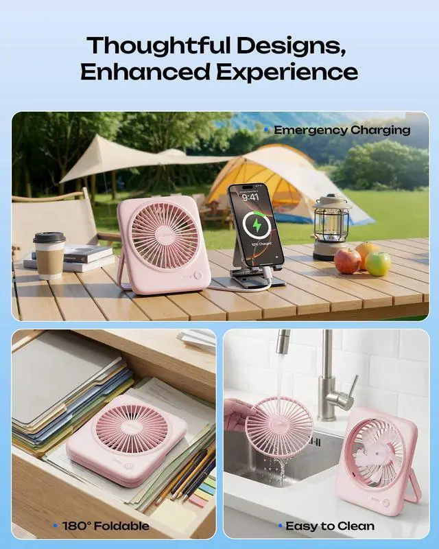 Alt view image 6 of 7 - Personal Portable Desk Fan, 4000mAh Small Rechargeable Portable Fan Battery Operated & USB Powered for Travel Sleeping Bedroom Office Home Table, Cordless, Quiet, 4-Speed, 6.5 Inch (Pink)