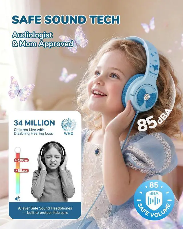 Alt view image 2 of 7 - C371 Kids Headphones with Cord for School Boys Girls Travel Gift | SafeSound Tech3.0, Stereo Sound, 3.5mm Jack, Foldable, Durable Headband, Safe Wired Headphones for Kids, Powder Blue