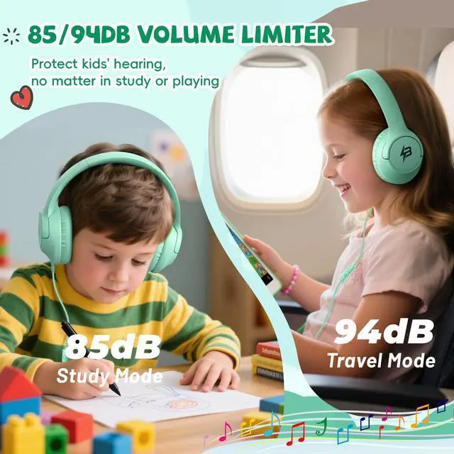 Alt view image 2 of 7 - Kids Headphones Wired with Microphone, 3.5 Cord 85/94dB Volume Limit, Green | Wired Over Ear Headphones for Kids Boys Toddler, Foldable Plug in Headphones for School Tablet Computer Airplane Travel