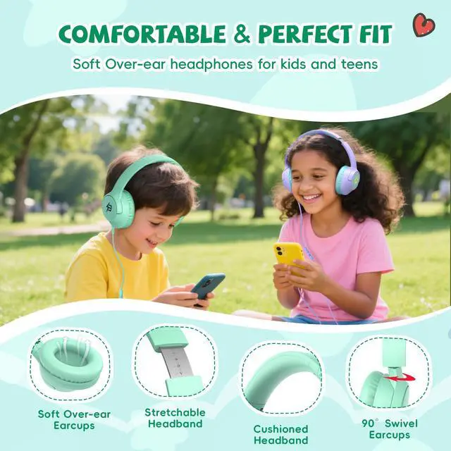 Alt view image 3 of 7 - Kids Headphones Wired with Microphone, 3.5 Cord 85/94dB Volume Limit, Green | Wired Over Ear Headphones for Kids Boys Toddler, Foldable Plug in Headphones for School Tablet Computer Airplane Travel