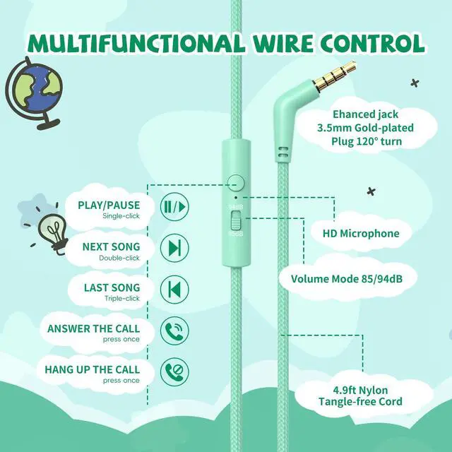 Alt view image 4 of 7 - Kids Headphones Wired with Microphone, 3.5 Cord 85/94dB Volume Limit, Green | Wired Over Ear Headphones for Kids Boys Toddler, Foldable Plug in Headphones for School Tablet Computer Airplane Travel