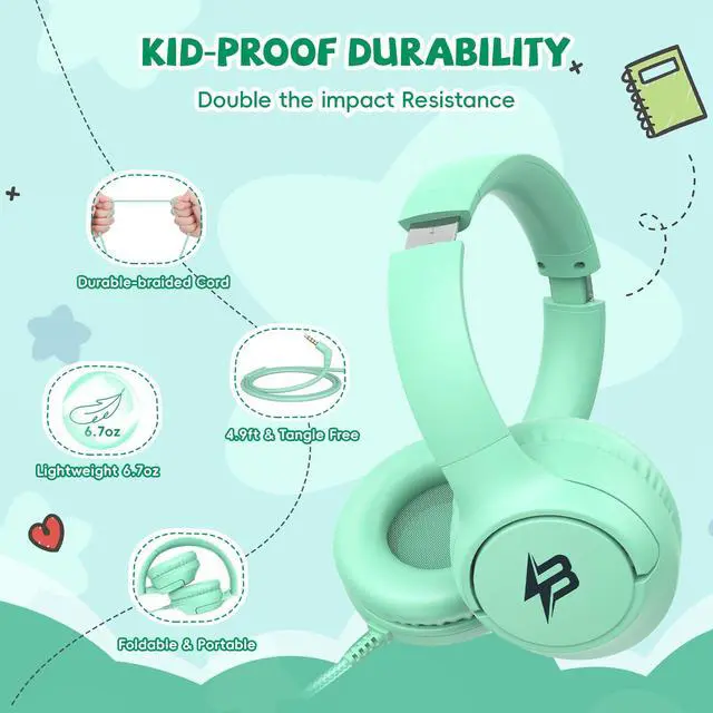 Alt view image 5 of 7 - Kids Headphones Wired with Microphone, 3.5 Cord 85/94dB Volume Limit, Green | Wired Over Ear Headphones for Kids Boys Toddler, Foldable Plug in Headphones for School Tablet Computer Airplane Travel