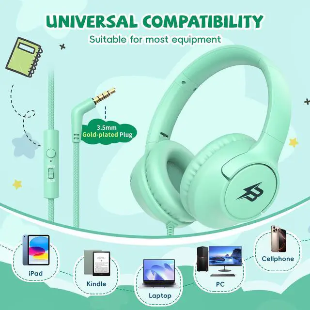 Alt view image 6 of 7 - Kids Headphones Wired with Microphone, 3.5 Cord 85/94dB Volume Limit, Green | Wired Over Ear Headphones for Kids Boys Toddler, Foldable Plug in Headphones for School Tablet Computer Airplane Travel