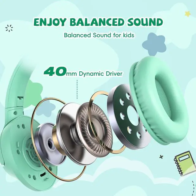 Alt view image 7 of 7 - Kids Headphones Wired with Microphone, 3.5 Cord 85/94dB Volume Limit, Green | Wired Over Ear Headphones for Kids Boys Toddler, Foldable Plug in Headphones for School Tablet Computer Airplane Travel