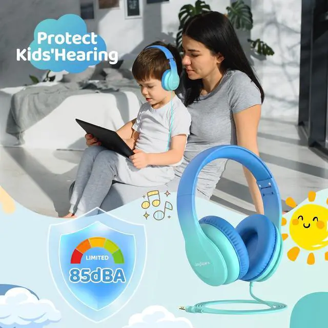 Alt view image 4 of 7 - Kids Headphones for School Toddler, 3.5mm Jack, Gradient Blue | Foldable 85dBA Volume Limiter, Adjustable, Stereo Sound, Kids Wired Headphones Over-Ear for Boys Girls Entertainment Travel