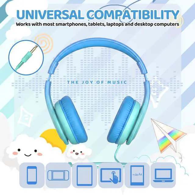 Alt view image 6 of 7 - Kids Headphones for School Toddler, 3.5mm Jack, Gradient Blue | Foldable 85dBA Volume Limiter, Adjustable, Stereo Sound, Kids Wired Headphones Over-Ear for Boys Girls Entertainment Travel
