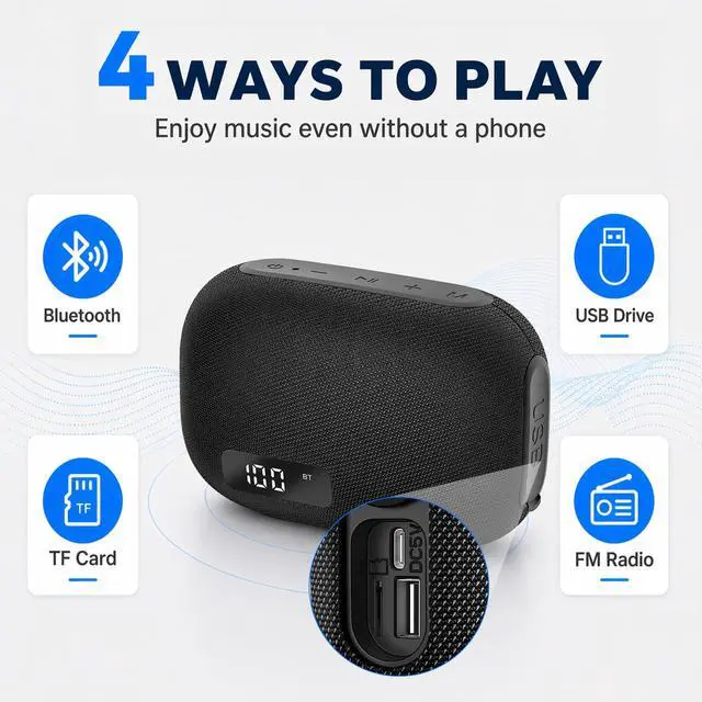 Alt view image 5 of 6 - Portable Bluetooth Speaker, IP67 Waterproof Shower Speaker with Digital Battery Display, Powerful Sound, 24H Playtime, TWS Pairing, USB/TF Card, Small Speaker for Outdoor Travel Home, Gift-Black