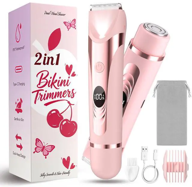 Main image of Bikini Trimmer for Women, 2 in 1 Electric Razor Body Shaver | 2 grooming heads, IPX7 waterproof wet dry use, LED display, Type-C charging, cordless shaver for sensitive skin and full body