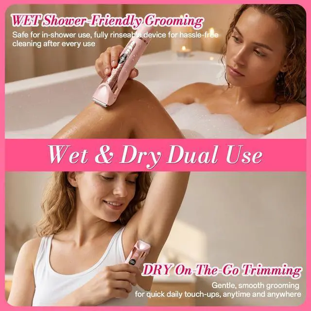 Alt view image 6 of 7 - Bikini Trimmer for Women, 2 in 1 Electric Razor Body Shaver | 2 grooming heads, IPX7 waterproof wet dry use, LED display, Type-C charging, cordless shaver for sensitive skin and full body