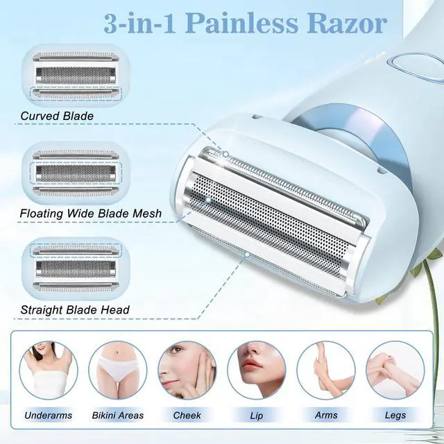 Alt view image 2 of 7 - Electric Shaver for Women, Painless 2 in 1 Wet & Dry Waterproof Silk Glide Pro Shaver with 2 Removable Heads, Rechargeable Electric Razors for Bikini, Legs, Underarms, Body (Blue)