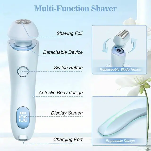 Alt view image 3 of 7 - Electric Shaver for Women, Painless 2 in 1 Wet & Dry Waterproof Silk Glide Pro Shaver with 2 Removable Heads, Rechargeable Electric Razors for Bikini, Legs, Underarms, Body (Blue)