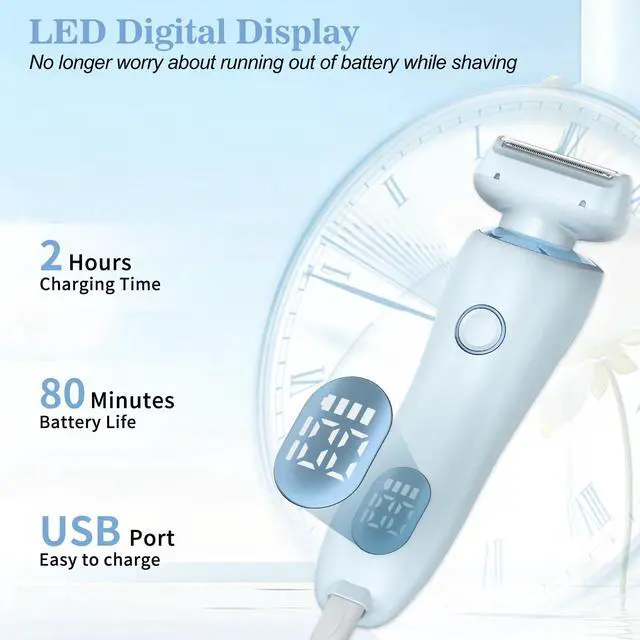 Alt view image 6 of 7 - Electric Shaver for Women, Painless 2 in 1 Wet & Dry Waterproof Silk Glide Pro Shaver with 2 Removable Heads, Rechargeable Electric Razors for Bikini, Legs, Underarms, Body (Blue)