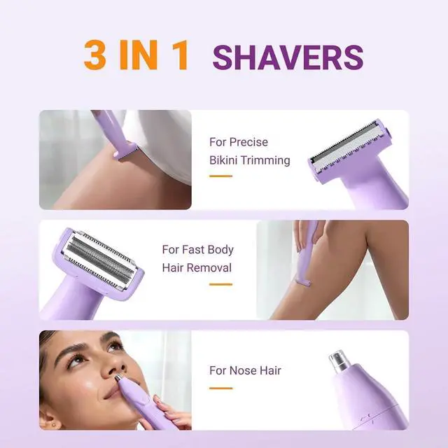 Alt view image 2 of 7 - Electric Razors for Women, 3-in-1 Painless Electric Shaver for Women for Legs, Underarm face & Bikini, Pubic Hair Trimmer, Waterproof Bikini Trimmer USB Lady Shaver, Electric Leg Shaver, Purple