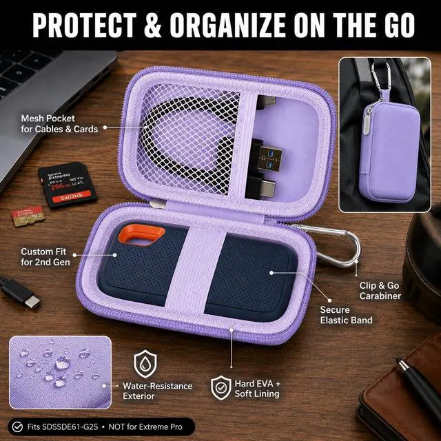 Alt view image 5 of 7 - Hard Case for SanDisk Extreme Portable External Solid State Drive | Protective Storage Bag Fits for SanDisk 500GB/ 1TB/ 2TB/ 4TB/ 8TB SSD, Carring Travel Holder for USB Cables (Box Only) Purple