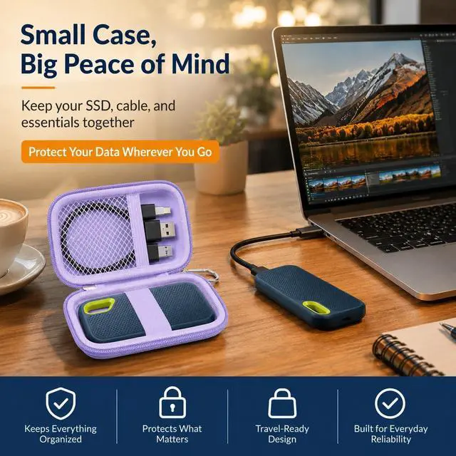 Alt view image 7 of 7 - Hard Case for SanDisk Extreme Portable External Solid State Drive | Protective Storage Bag Fits for SanDisk 500GB/ 1TB/ 2TB/ 4TB/ 8TB SSD, Carring Travel Holder for USB Cables (Box Only) Purple