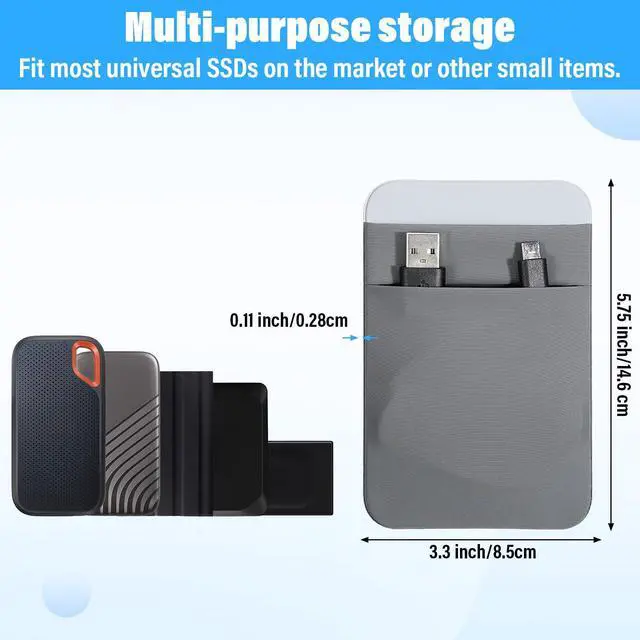 Alt view image 2 of 7 - Portable Hard Drive Sleeve 2-Pocket Stick on Pouch with Reusable Adhesive SSD Hard Drives Carrying Case Computer Accessories Pouch Holder for Most Laptop External Solid State Drive Mouse USB Cable
