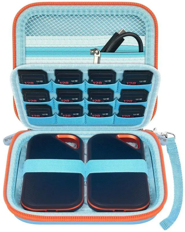 Main image of Dual SSD Case for 2 SanDisk Extreme Portable SSDs & Extreme PRO | Elastic Straps Secure Two Drives, Mesh Pocket Organizes Cables, Carabiner Adds Portability, Blue, Case Only