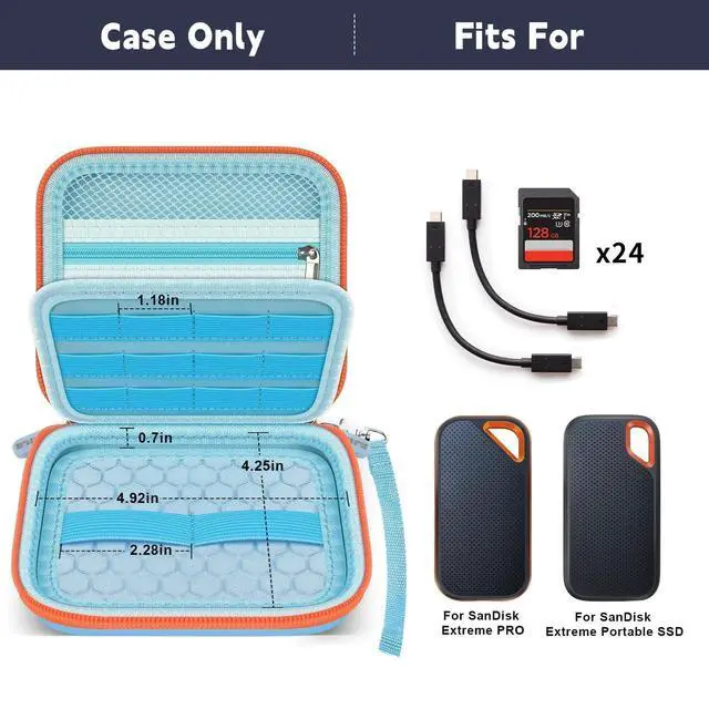 Alt view image 3 of 7 - Dual SSD Case for 2 SanDisk Extreme Portable SSDs & Extreme PRO | Elastic Straps Secure Two Drives, Mesh Pocket Organizes Cables, Carabiner Adds Portability, Blue, Case Only