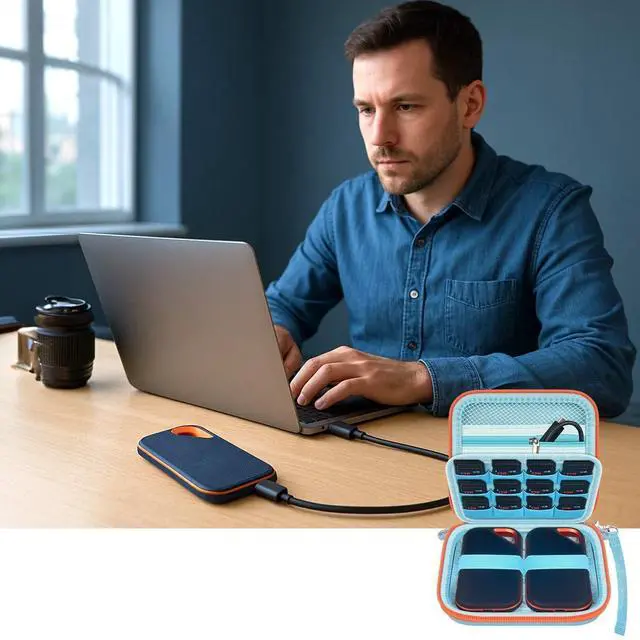 Alt view image 7 of 7 - Dual SSD Case for 2 SanDisk Extreme Portable SSDs & Extreme PRO | Elastic Straps Secure Two Drives, Mesh Pocket Organizes Cables, Carabiner Adds Portability, Blue, Case Only