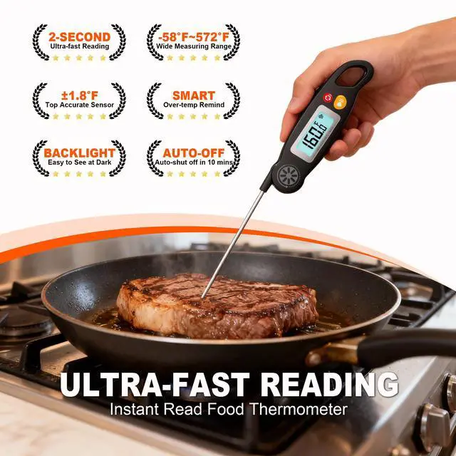 Alt view image 2 of 7 - Meat Thermometer Digital - Instant Read Food Thermometer with Backlight for Cooking Grilling Baking Kitchen Candy BBQ Oil Liquid, Backlit Display, Battery Included