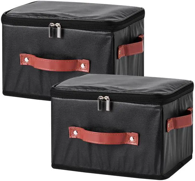 Main image of 2PCS Storage Bins Boxes with Zipper Lid PU Leather Fabric Basket | Waterproof Lidded Cubes Foldable Washable Closet Shelf Clothes Organizer Container with Handles (Black, Small Size)