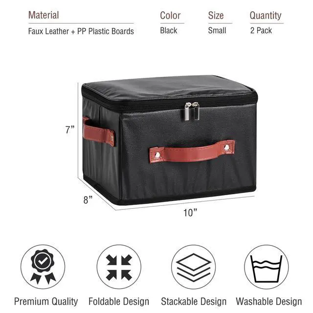 Alt view image 3 of 7 - 2PCS Storage Bins Boxes with Zipper Lid PU Leather Fabric Basket | Waterproof Lidded Cubes Foldable Washable Closet Shelf Clothes Organizer Container with Handles (Black, Small Size)
